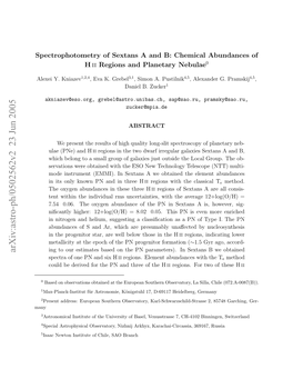 Arxiv:Astro-Ph/0502562V2 23 Jun 2005 Many Pcrpooer Fsxasaadb Hmclaudne O Abundances Chemical B: and a Sextans of Spectrophotometry Lxiy Kniazev Y