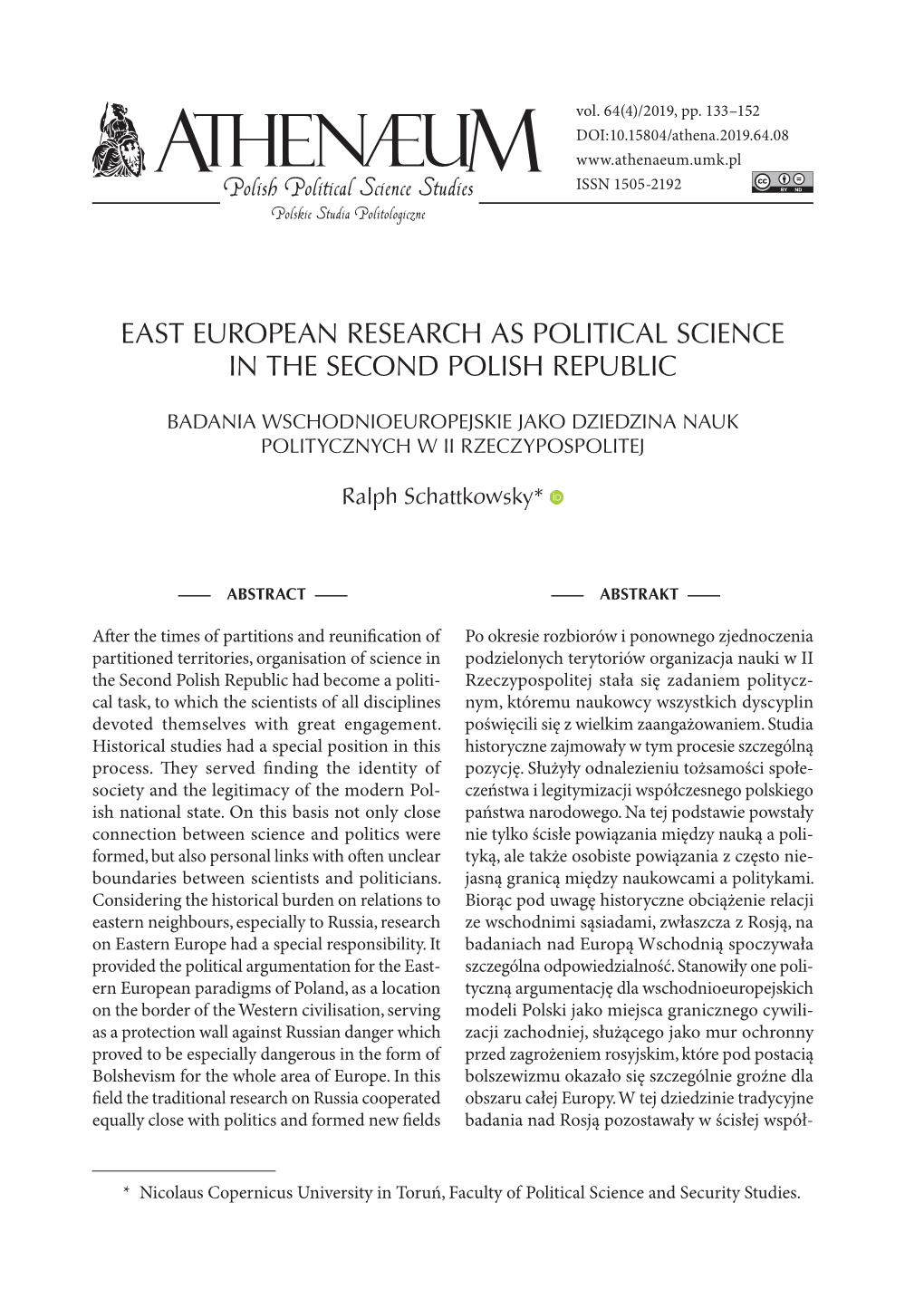 East European Research As Political Science in the Second Polish Republic