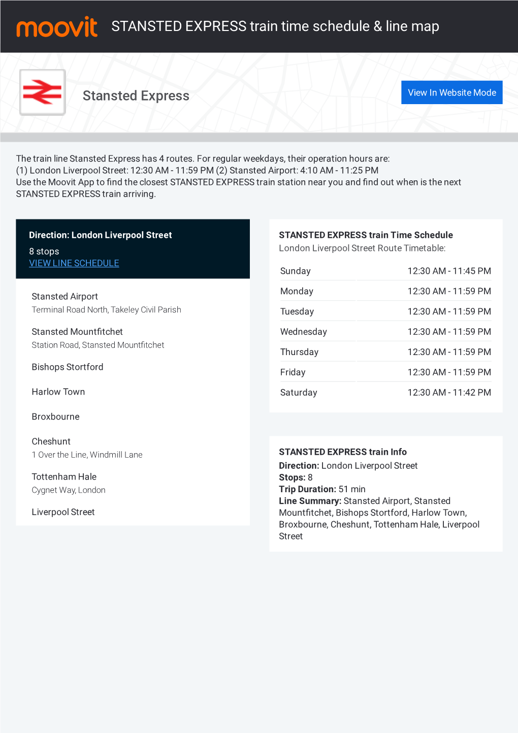 STANSTED EXPRESS Train Time Schedule & Line Route