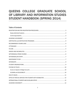 Queens College Graduate School of Library and Information Studies Student Handbook (Spring 2014)