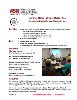 Summer Classes 2016 in OLLI at ASU