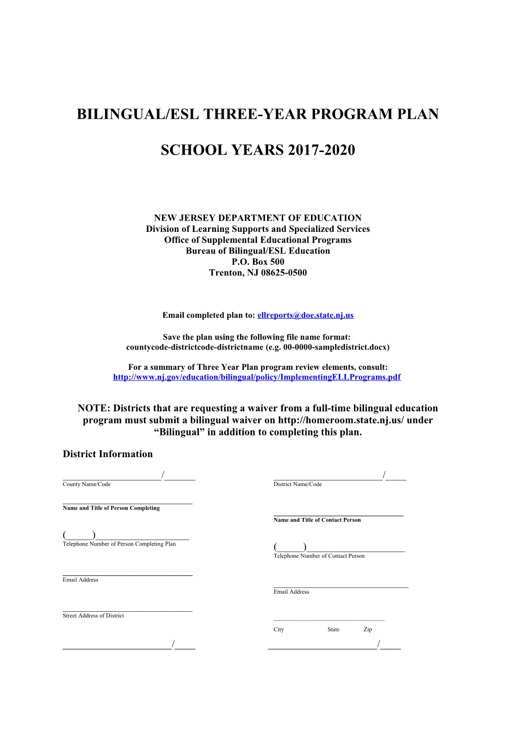 Bilingual/Esl Three-Year Program Plan