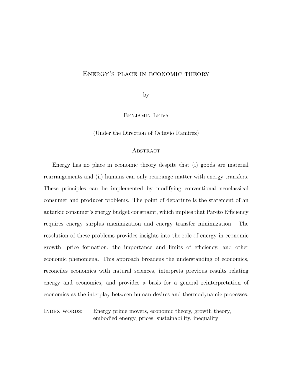 Energy's Place in Economic Theory