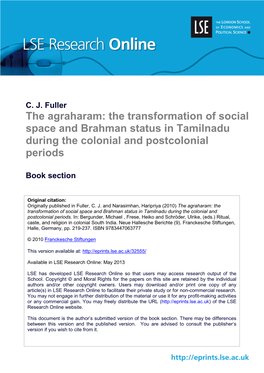 The Agraharam: the Transformation of Social Space and Brahman Status in Tamilnadu During the Colonial and Postcolonial Periods