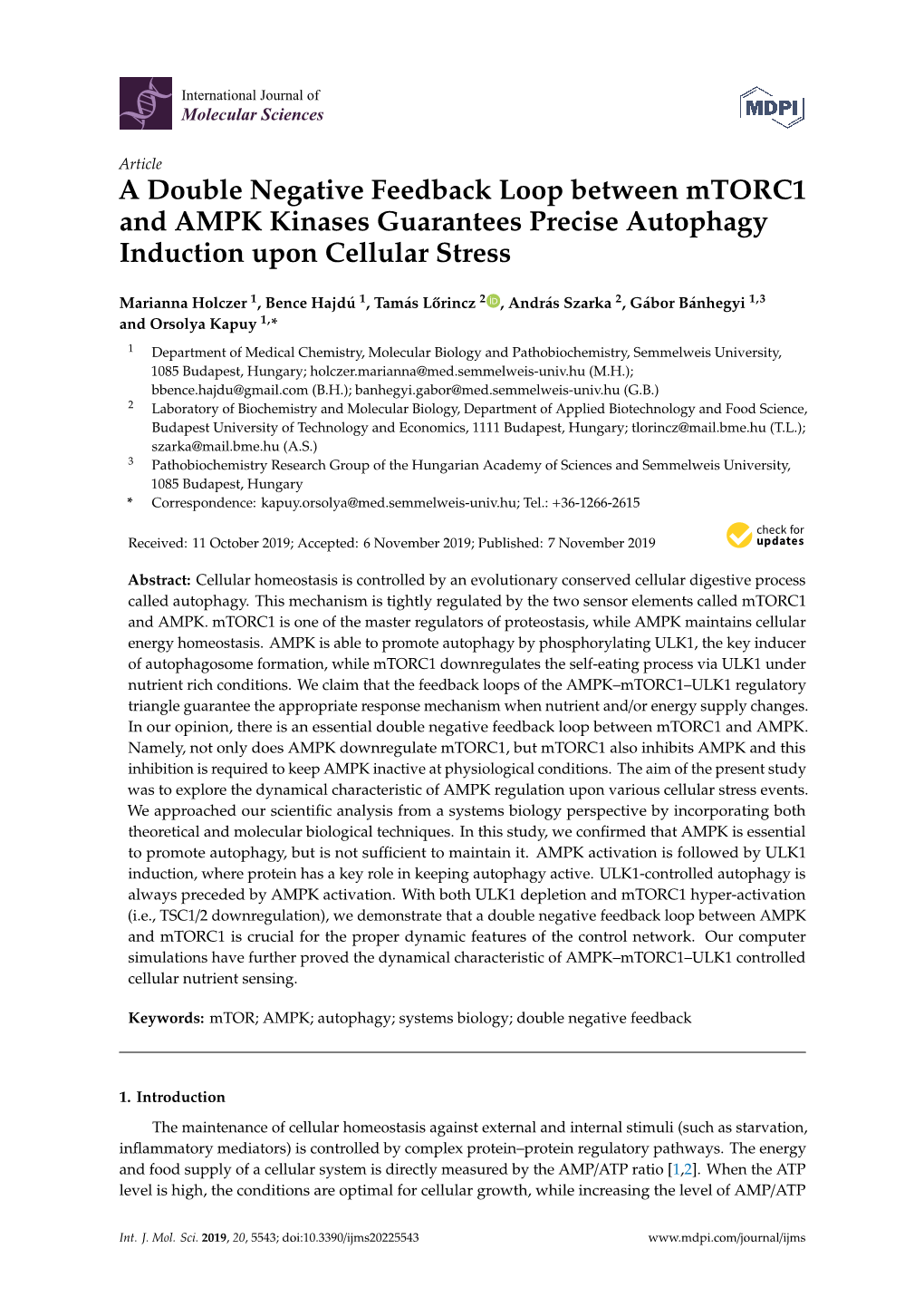 A Double Negative Feedback Loop Between Mtorc1 and AMPK Kinases Guarantees Precise Autophagy Induction Upon Cellular Stress