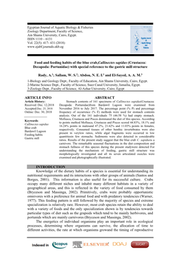 Food and Feeding Habits of the Blue Crab,Callinectes Sapidus (Crustacea: Decapoda: Portunidae) with Special Reference to the Gastric Mill Structure