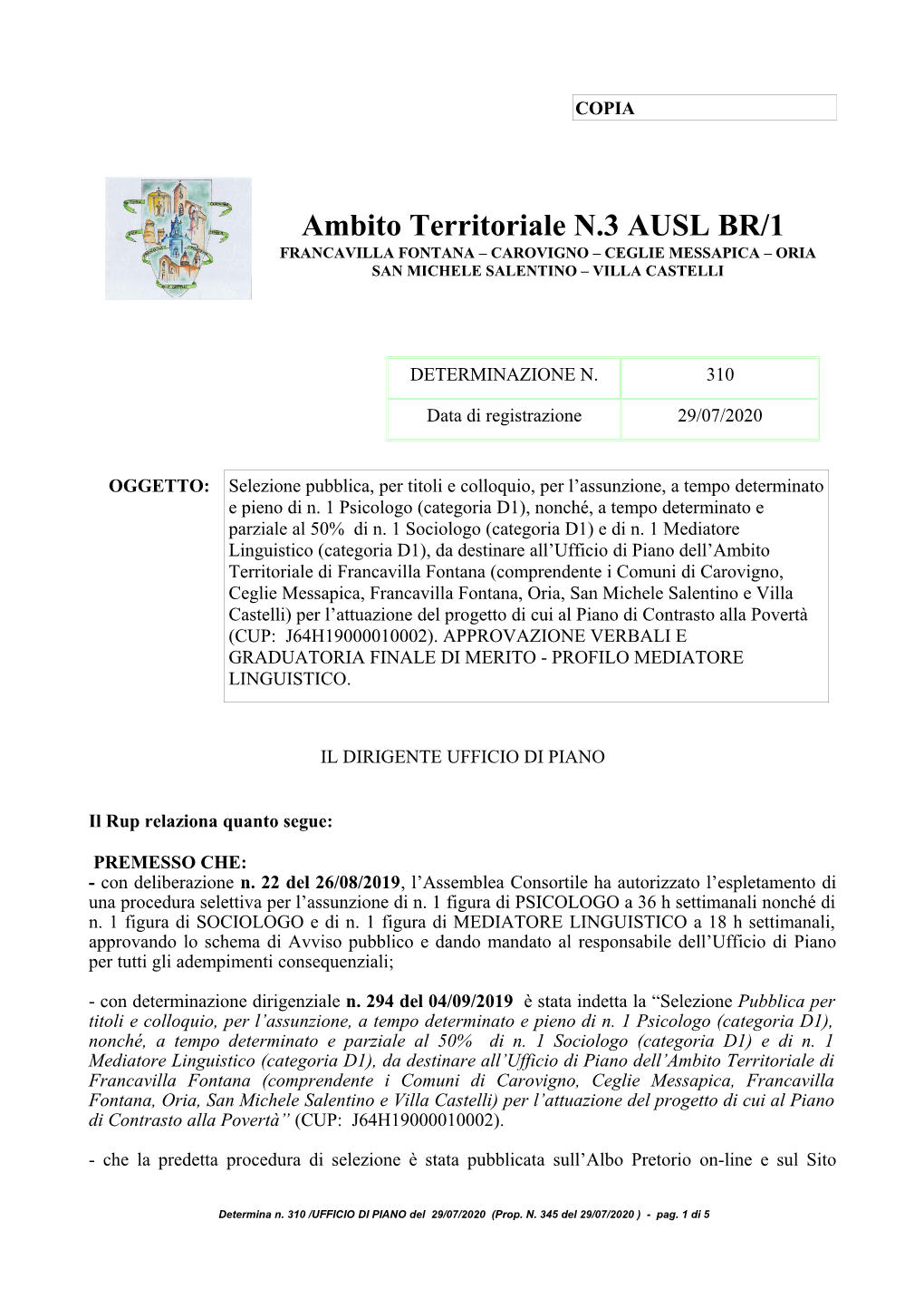 Ambito Territoriale N.3 AUSL BR/1 FRANCAVILLA FONTANA – CAROVIGNO – CEGLIE MESSAPICA – ORIA SAN MICHELE SALENTINO – VILLA CASTELLI