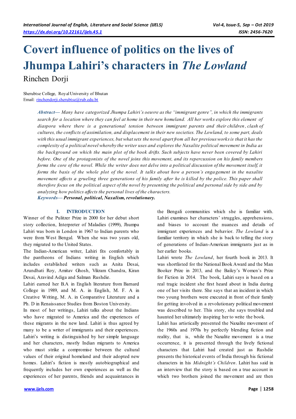 Covert Influence of Politics on the Lives of Jhumpa Lahiri's Characters In