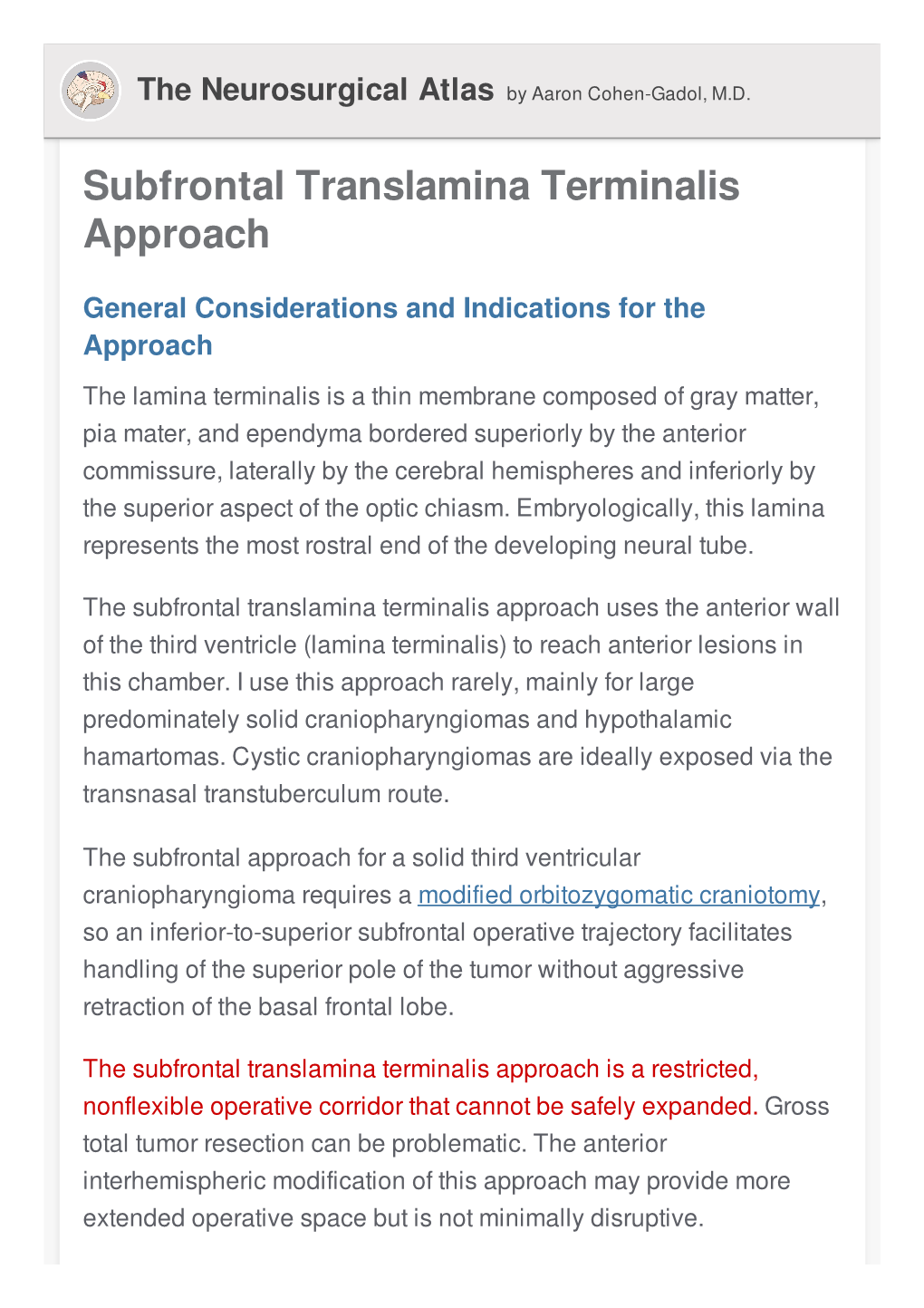 Subfrontal Translamina Terminalis Approach