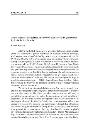 SPRING 2014 45 Musicalized Metatheatre: the Bolero As Intertext in Quíntuples by Luis Rafael Sánchez Sarah Piazza
