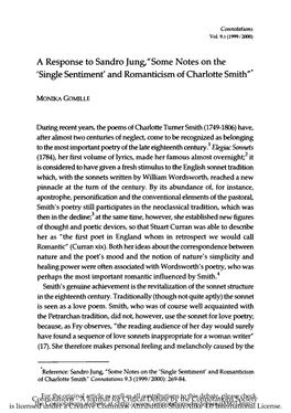 Some Notes on the 'Single Sentiment' and Romanticism of Charlotte Smith"