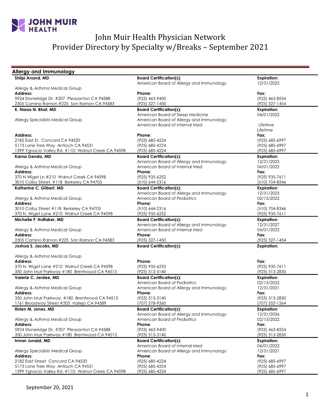 John Muir Health Physician Network Provider Directory by Specialty W/Breaks – September 2021