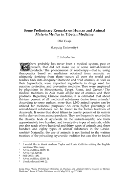 Some Preliminary Remarks on Human and Animal Materia Medica in Tibetan Medicine