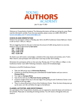Young Authors Academy! the Following Information Will Help You During the Camp