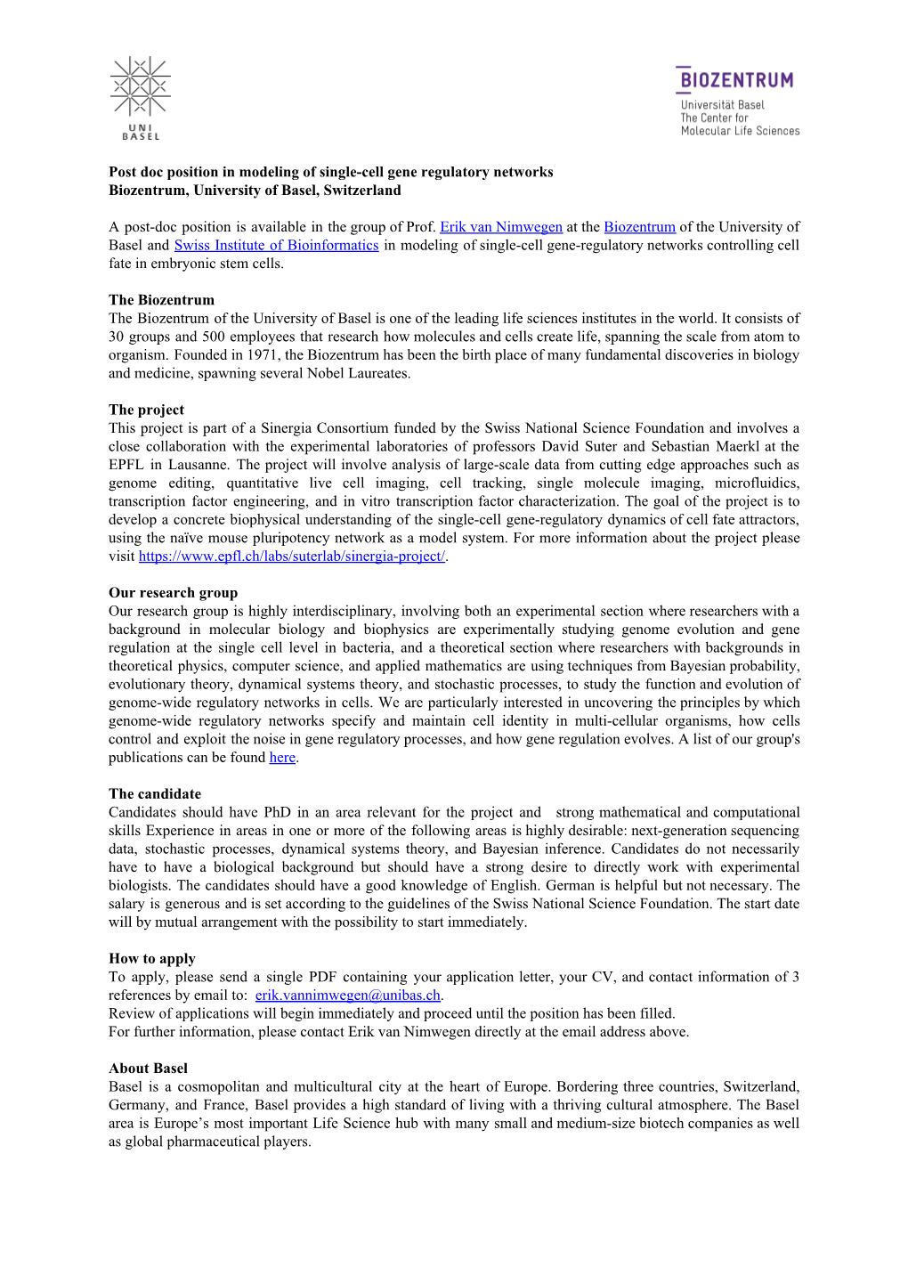 Post Doc Position in Modeling of Single-Cell Gene Regulatory Networks Biozentrum, University of Basel, Switzerland