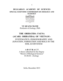 The Oribatida Fauna (Acari: Oribatida) of Vietnam - Systematics, Zoogeography and Zonation, Formation and Role in the Soil Ecosystem