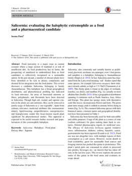 Salicornia: Evaluating the Halophytic Extremophile As a Food and a Pharmaceutical Candidate