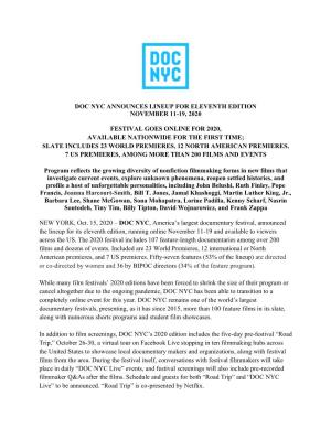 Doc Nyc Announces Lineup for Eleventh Edition November 11-19, 2020