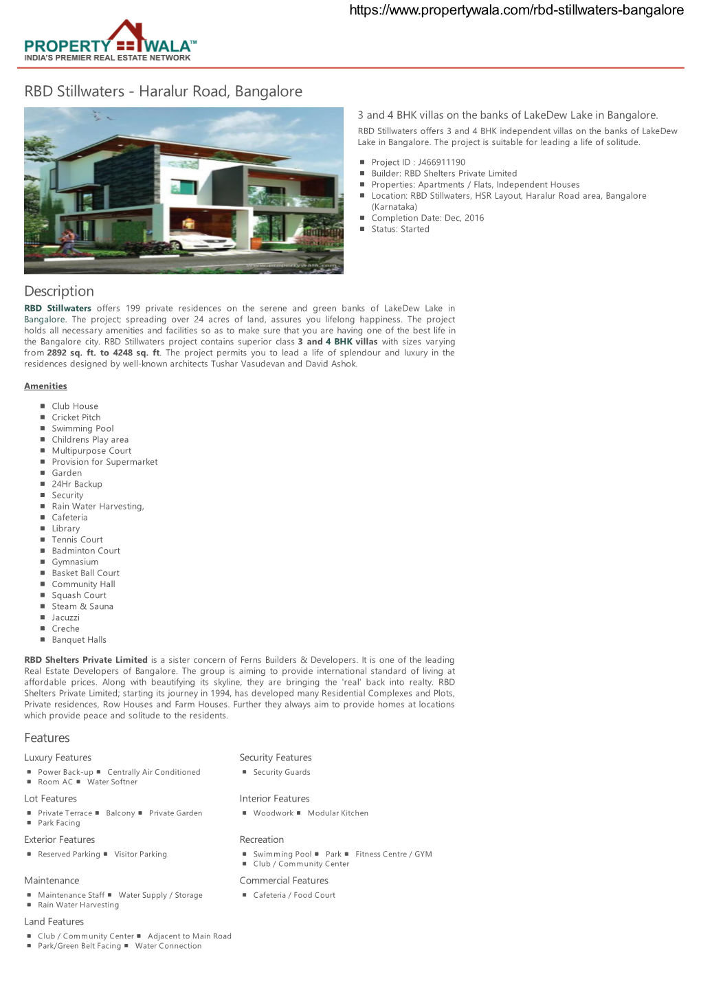 RBD Stillwaters - Haralur Road, Bangalore 3 and 4 BHK Villas on the Banks of Lakedew Lake in Bangalore