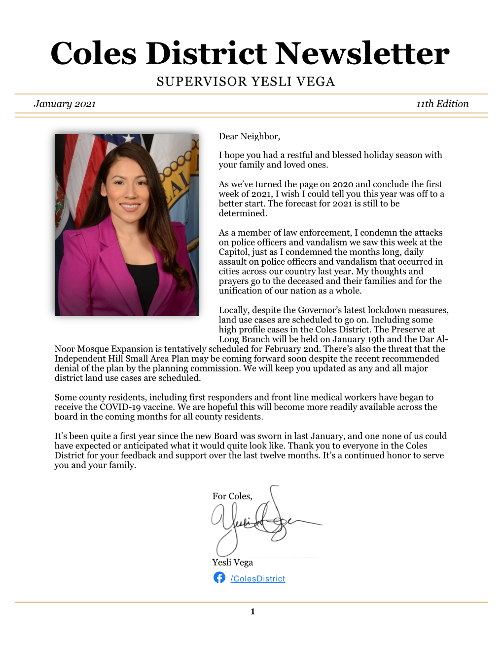 Coles District Newsletter SUPERVISOR YESLI VEGA