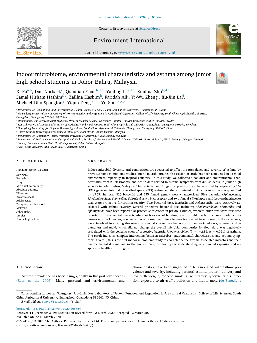 Indoor Microbiome, Environmental Characteristics and Asthma Among Junior High School Students in Johor Bahru, Malaysia T