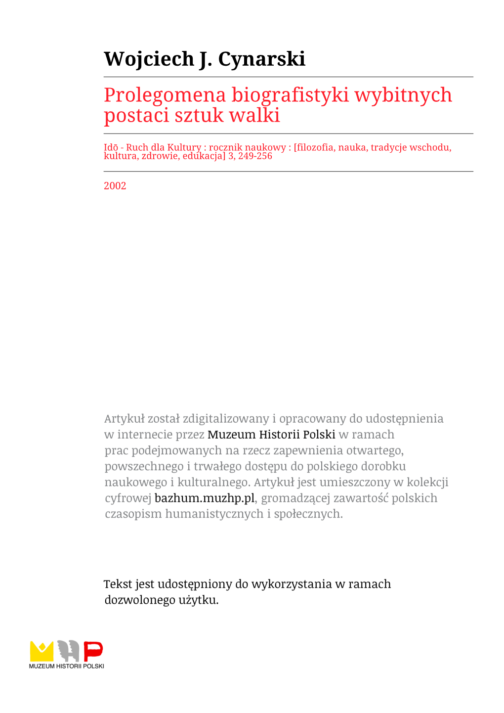 Wojciech J. Cynarski Prolegomena Biografistyki Wybitnych Postaci Sztuk Walki