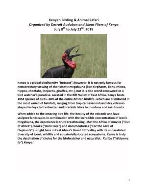 Kenyan Birding & Animal Safari Organized by Detroit Audubon and Silent Fliers of Kenya July 8Th to July 23Rd, 2019