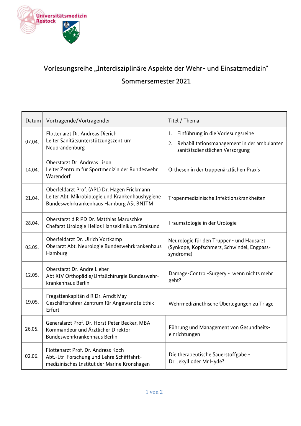 Vorlesungsreihe „Interdisziplinäre Aspekte Der Wehr- Und Einsatzmedizin" Sommersemester 2021