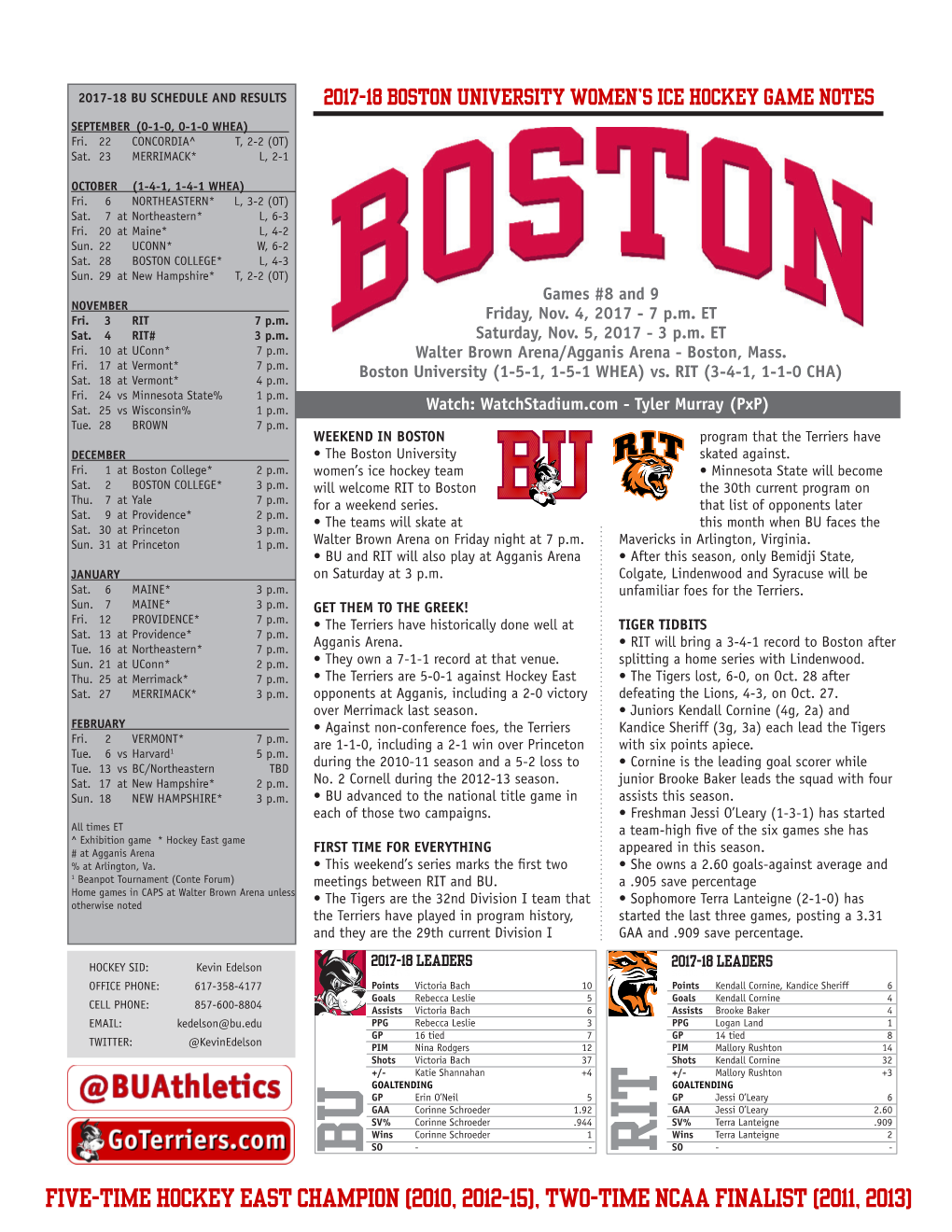 Bu Schedule and Results 2017-18 Boston University Women’S Ice Hockey Game Notes