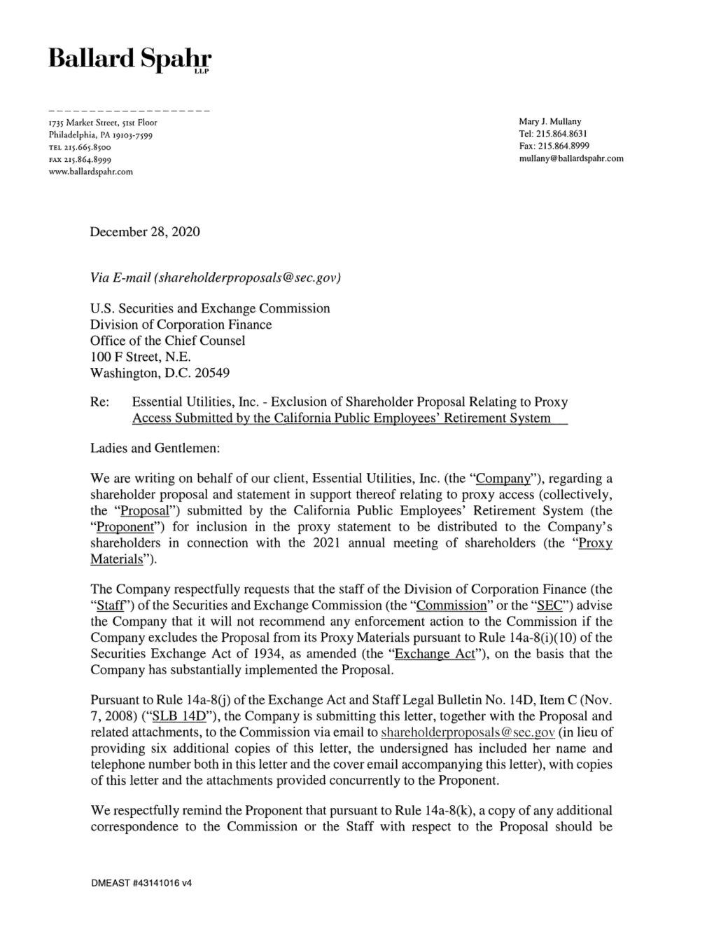 Essential Utilities, Inc. - Exclusion of Shareholder Proposal Relating to Proxy Access Submitted by the California Public Employees' Retirement System