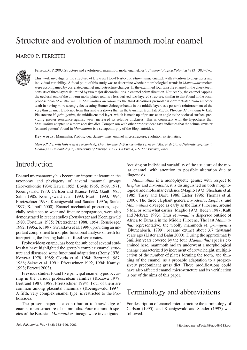 Structure and Evolution of Mammoth Molar Enamel