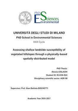 UNIVERSITÀ DEGLI STUDI DI MILANO Phd School in Environmental Sciences XXX Cycle