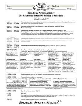 Broadway Artists Alliance 2018 Summer Intensive Session 3 Schedule