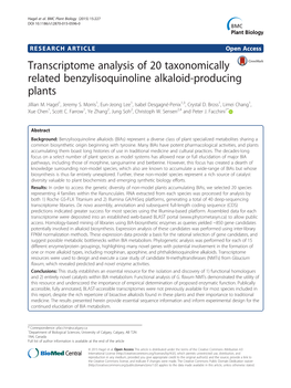 Transcriptome Analysis of 20 Taxonomically Related Benzylisoquinoline Alkaloid-Producing Plants Jillian M