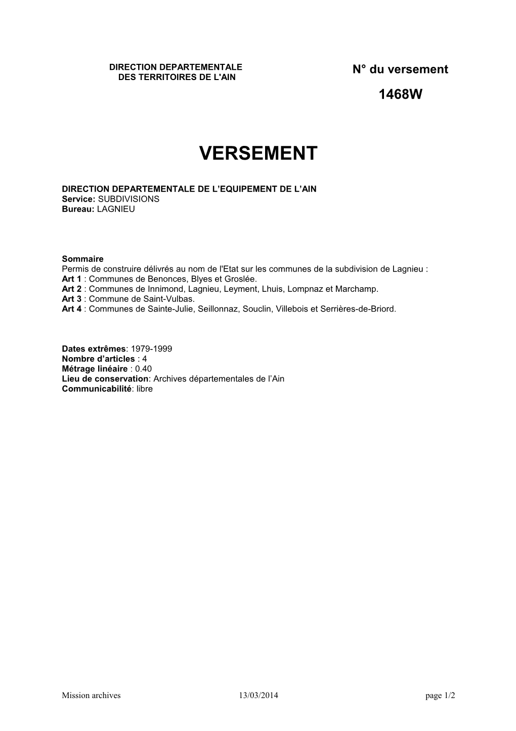 DDE Ain : Permis De Construire (Subdivision De Lagnieu), 1979-1999