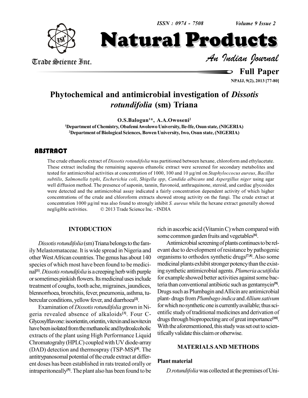 Phytochemical and Antimicrobial Investigation of Dissotis Rotundifolia (Sm) Triana