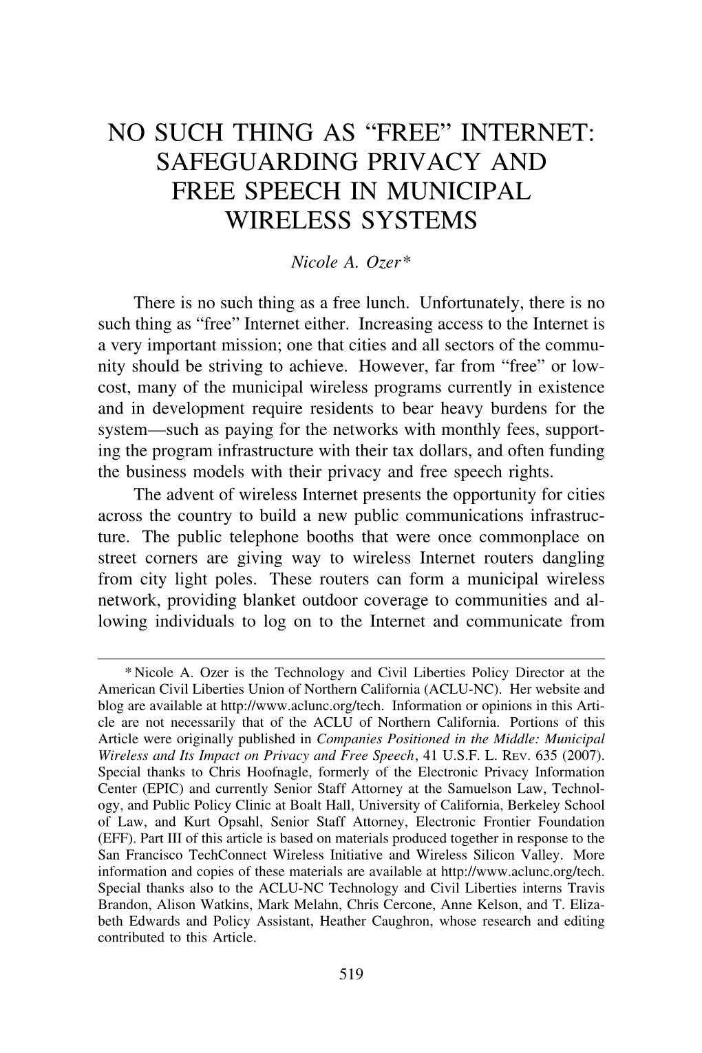 “Free” Internet: Safeguarding Privacy and Free Speech in Municipal Wireless Systems