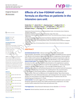 Effects of a Low-FODMAP Enteral Formula on Diarrhea on Patients in the Intensive Care Unit