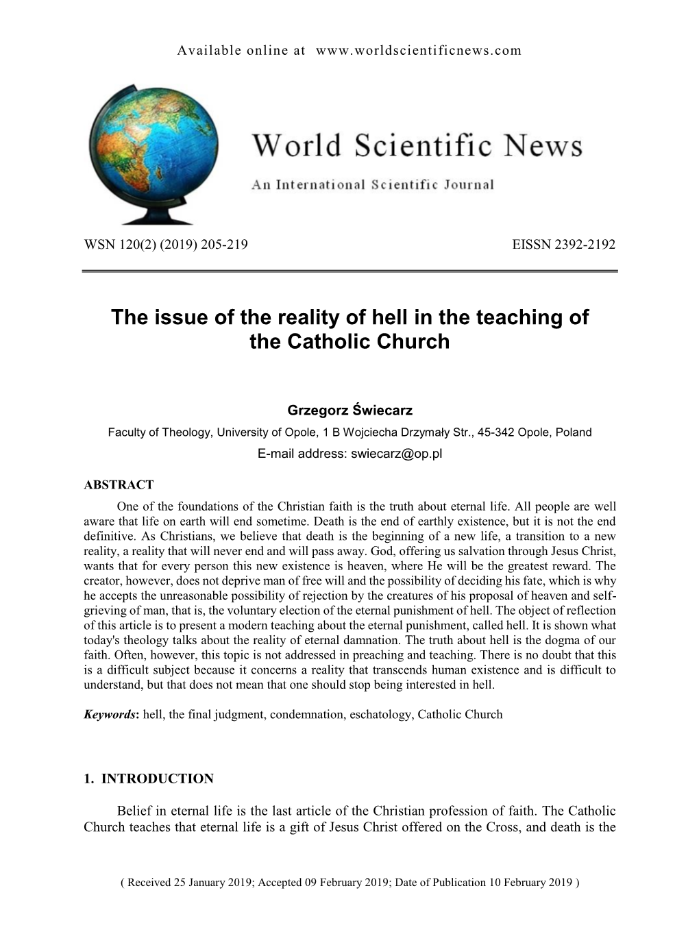 The Issue of the Reality of Hell in the Teaching of the Catholic Church