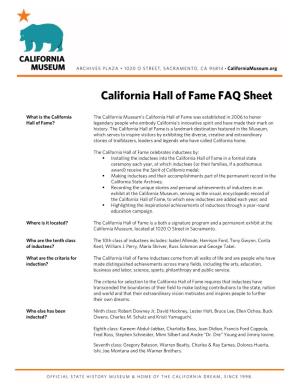 California Hall of Fame FAQ Sheet 2016