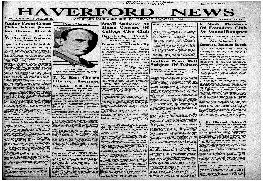 Haverford News Volume 29-Number 20 Haverford (And Ardmore), Pa., Tuesday, March 22, 1938 Z627� $2.00 a Year