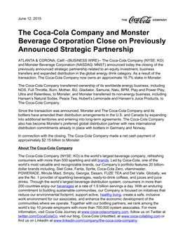 The Coca-Cola Company and Monster Beverage Corporation Close on Previously Announced Strategic Partnership
