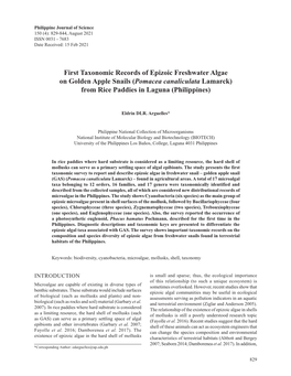 First Taxonomic Records of Epizoic Freshwater Algae on Golden Apple Snails (Pomacea Canaliculata Lamarck) from Rice Paddies in Laguna (Philippines)