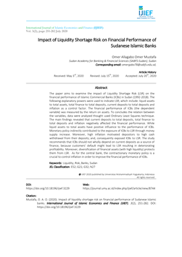 Impact of Liquidity Shortage Risk on Financial Performance of Sudanese Islamic Banks