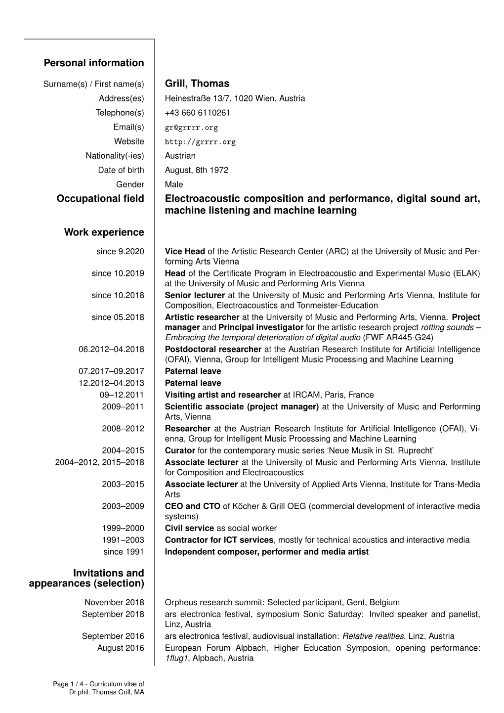 Personal Information Grill, Thomas Occupational Field Electroacoustic