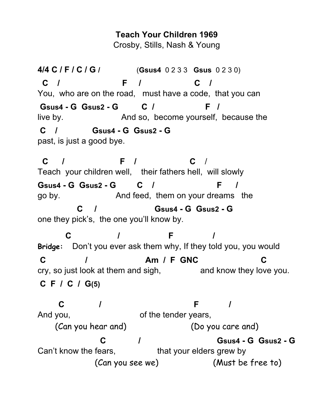 Teach Your Children 1969 Crosby, Stills, Nash & Young 4/4 C / F / C / G