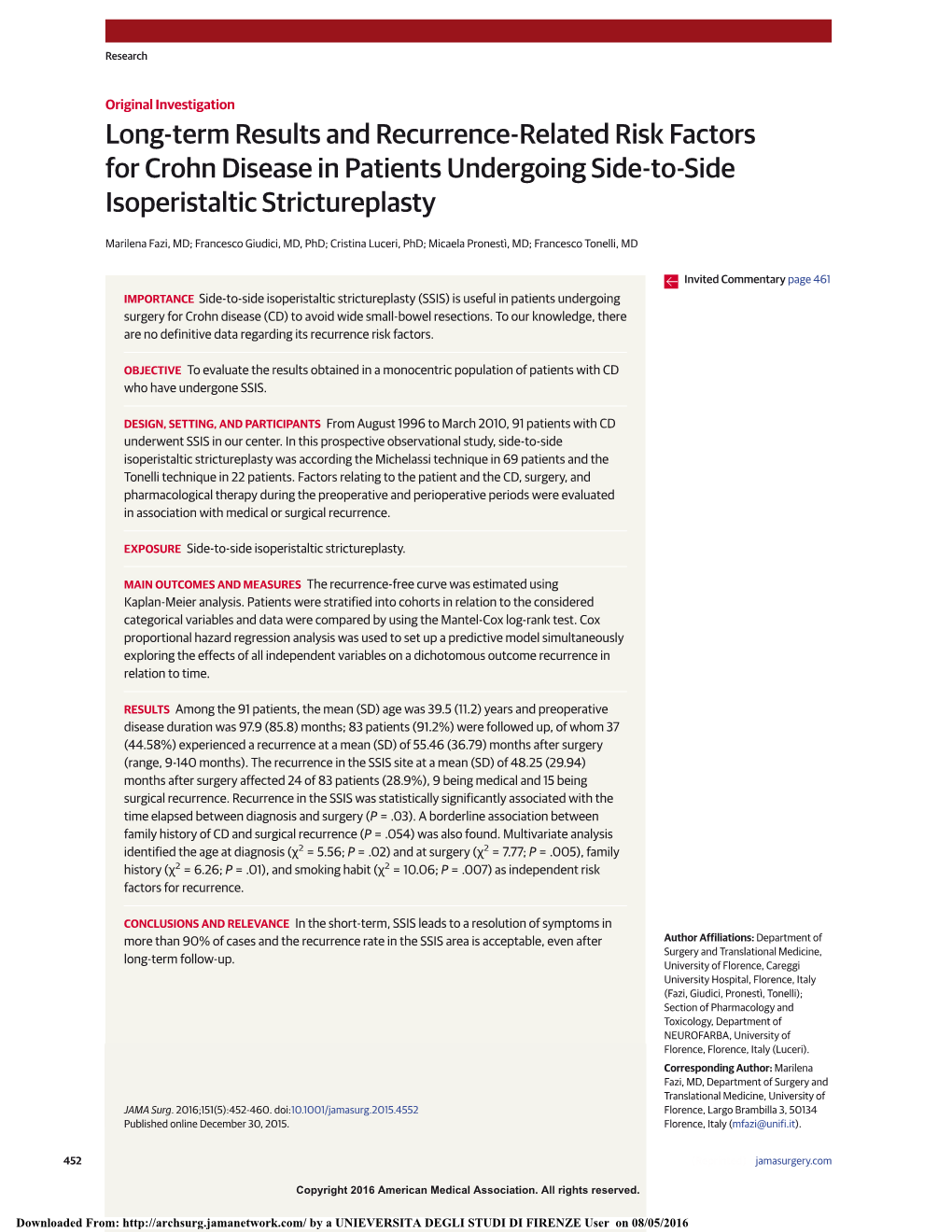 Long-Term Results and Recurrence-Related Risk Factors for Crohn Disease in Patients Undergoing Side-To-Side Isoperistaltic Strictureplasty