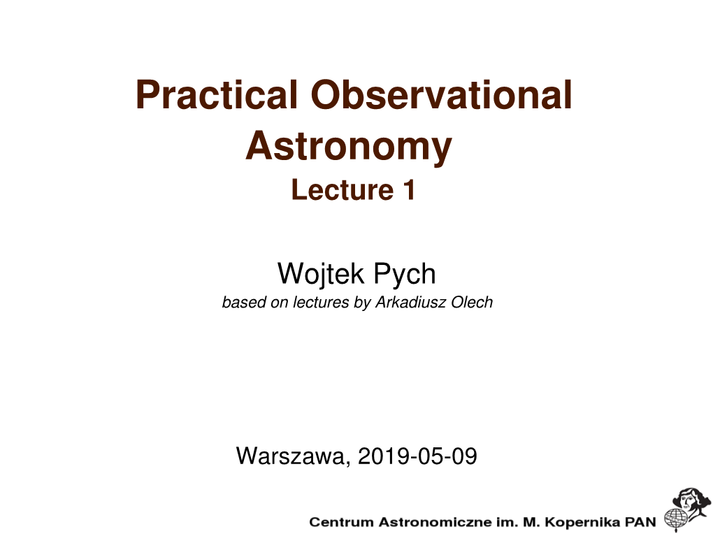 Practical Observational Astronomy Lecture 1