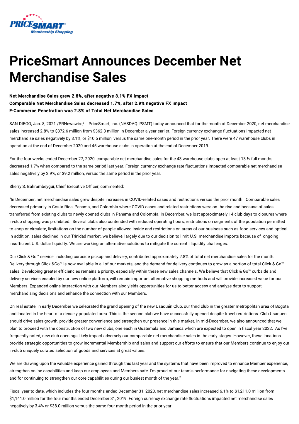 Pricesmart Announces December Net Merchandise Sales