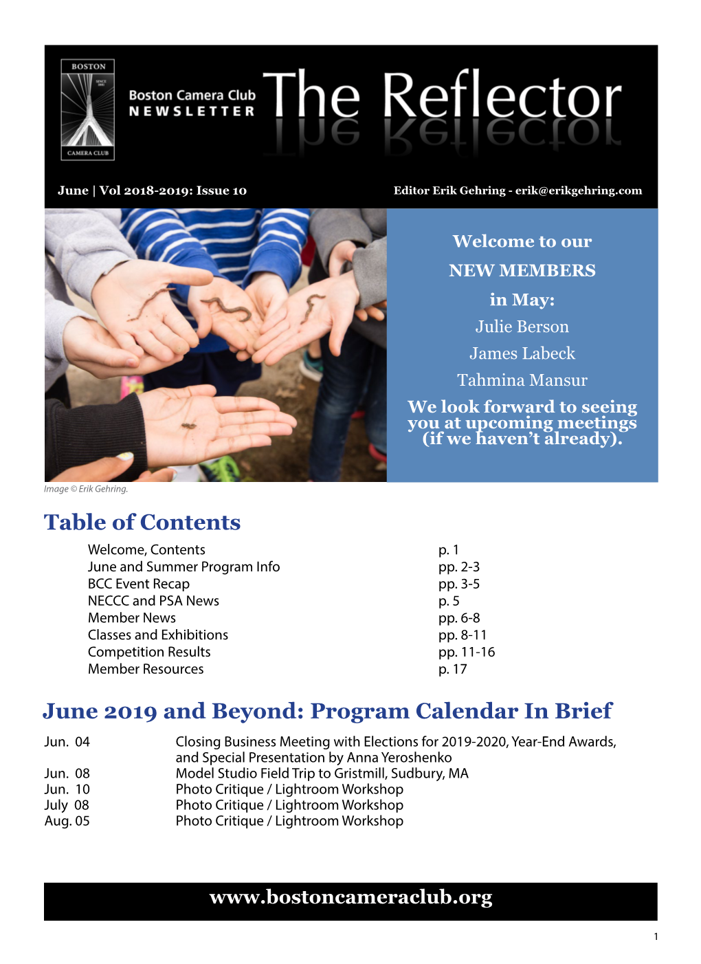 Table of Contents June 2019 and Beyond: Program Calendar in Brief